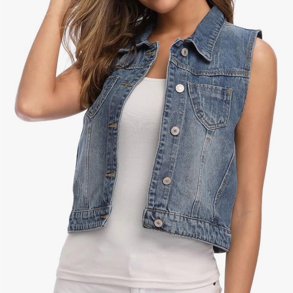 Classic Sleeveless Denim Vest - Dark Blue - Picture 3 of 6
